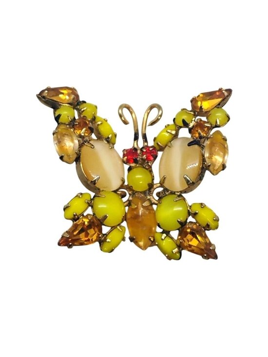 Schreiner Jewelry - Vtg Unsigned Schreiner Butterfly Trembler Brooch Yellow Orange Rhinestone